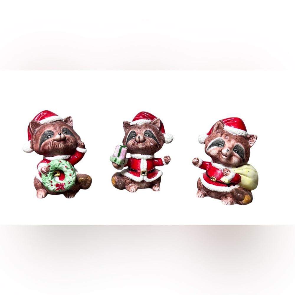 VINTAGE SET OF 3 HOMCO #5611 Christmas Santa Raccoon Figurines Porcelain Ceramic